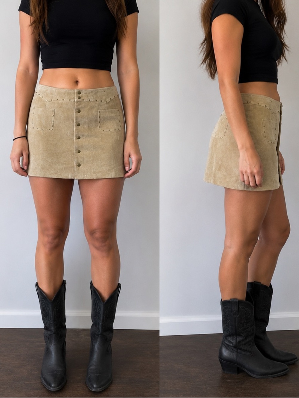 Route 66‎ Beige Suede Button-Front Mini Skirt